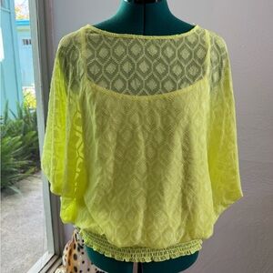 Vintage 80’s 90’s Neon Yellow Sheer Women's Blouse L